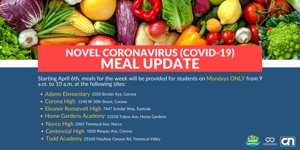 CNUSD To-Go Meals resume Monday, April 6th. All meals for the week will be provided on MONDAYS ONLY from 9-10 a.m. For more information visit bit.ly/2UBogfw.