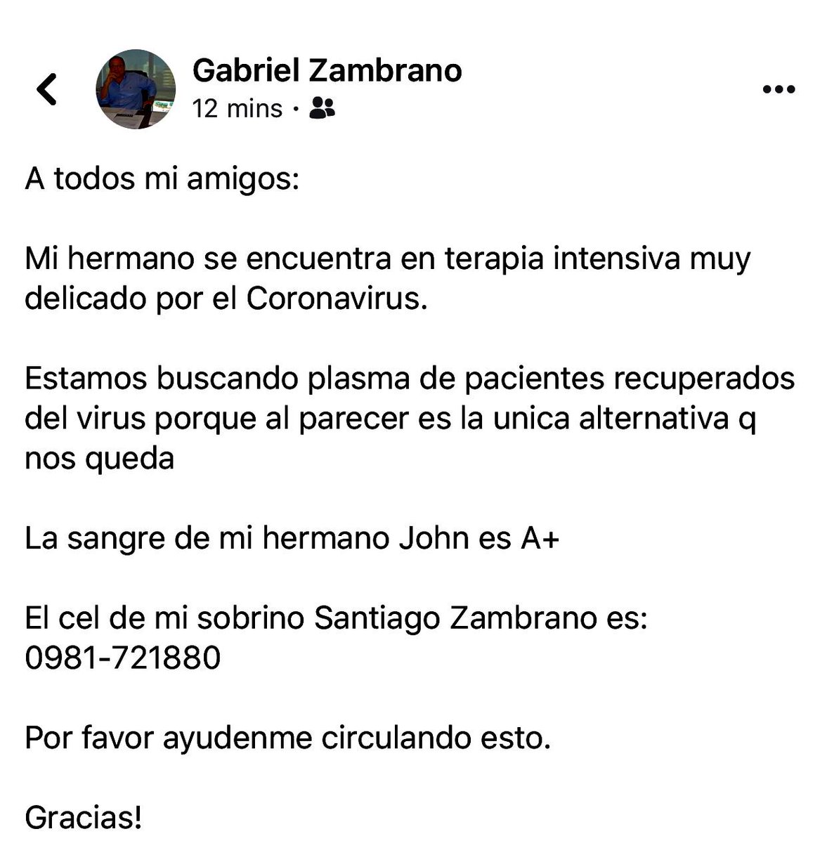 AF1825's tweet photo. #coronavirus 

Amigos, por favor ayúdenme a difundir este pedido humanitario. 

Necesitamos plasma de pacientes recuperados para una persona que está en terapia intensiva. 

#N95 https://t.co/wRlsKyojIQ