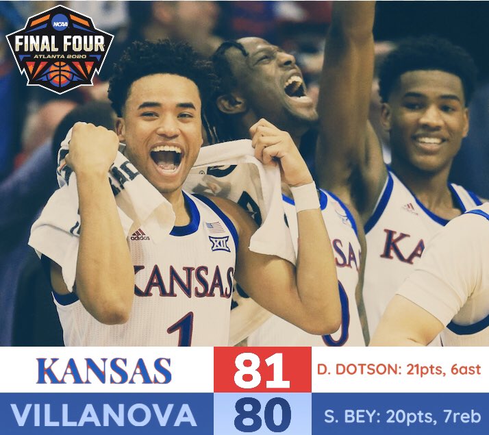 32_Analytics's tweet photo. Kansas is headed to the National Championship! 

After a Kansas missed shot, Bey makes a three to give Nova the lead 80-79. With 8.1 seconds left, Dotson drives the lane and his layup is good! Kansas wins 81-80! Kansas will play for the National Championship on Monday night! https://t.co/4xKNzcably