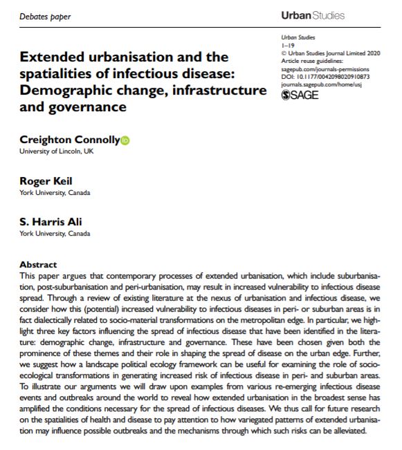 USJ_online's tweet photo. New debates paper now available #FreeAccess for a limited period: @Creighton88 and @rkeil call for future #research on the #spatialities of #health and #disease to examine how extended #urbanisation may influence possible outbreaks of #InfectiousDisease https://t.co/pmSBzO9hw1 https://t.co/pY2NiNs1qv