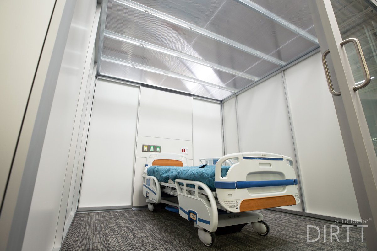DIRTT's tweet photo. Mocked up in our Calgary facility and ready to order. Our free-standing patient room modules are manufactured within 10 days and shipped to care sites for a quick + clean install. Learn more about our #healthcare solutions designed for #COVID19 response: https://t.co/a4hplXZfzg https://t.co/hSa5egFBV7