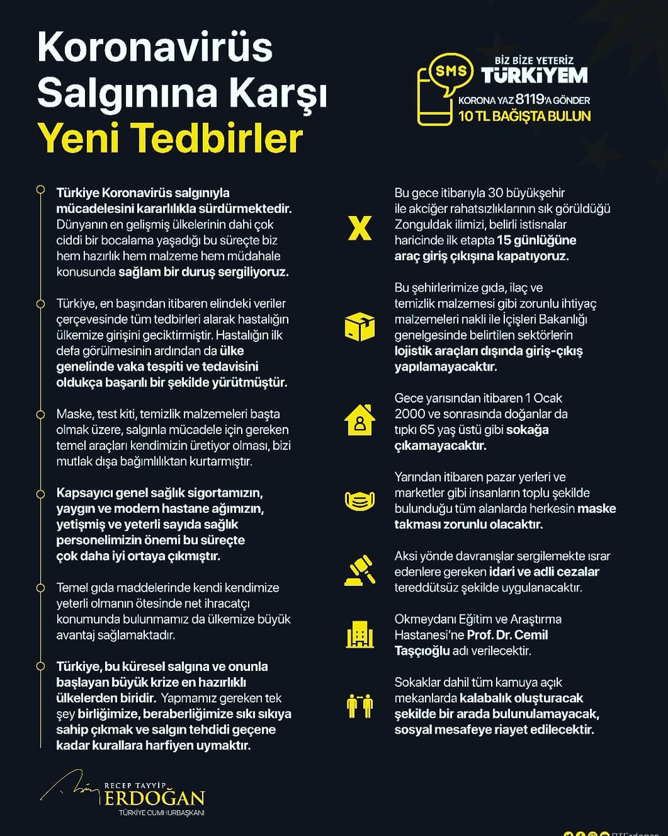 Koronavirus salgınına karşı alınan yeni Tedbirler.
#EvdekalSiverek 
#EvdeKalTürkiye 
#HerşeyinBaşıSağlık