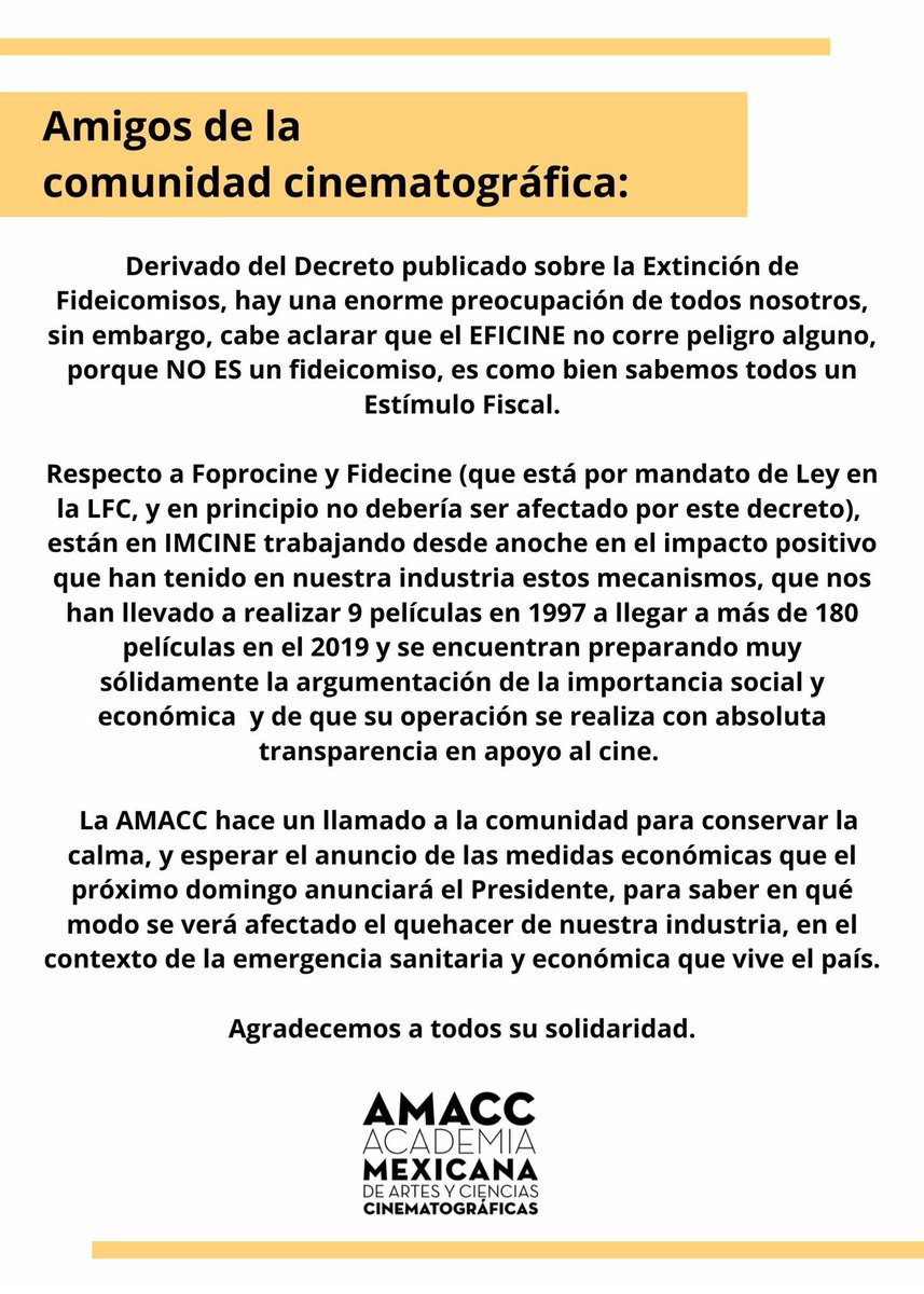 AcademiaCineMx's tweet photo. Ante la situación que vivimos actualmente, ofrecemos el siguiente mensaje a la comunidad cinematográfica: https://t.co/67X6vJHWMi