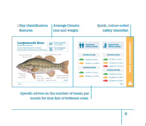 For each fish species, there is specific info about the number of meals of fish per month that is safe (or not) to eat depending on which portion of the Niagara River the fish was caught and which population you're a part of (general or sensitive). /3