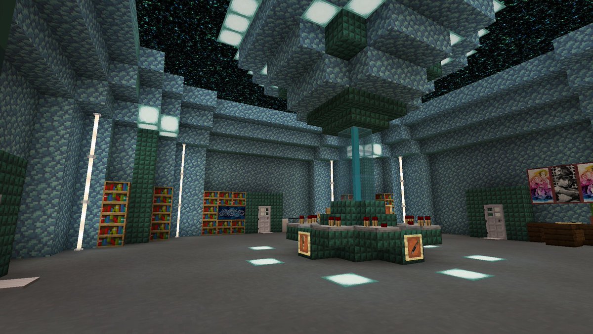Biellwho's tweet photo. #myTimeLordLife  e essa é o interior da  #MyTardis , séria bem parecido com isso, escolhi o bloco de prismarinho pq ele fica mudando a tonalidade, e usei aquele bloco do The End no teto pra simular o espaço, decoração simples pq não sei fazer kkkkk https://t.co/b9TMoZsAgk