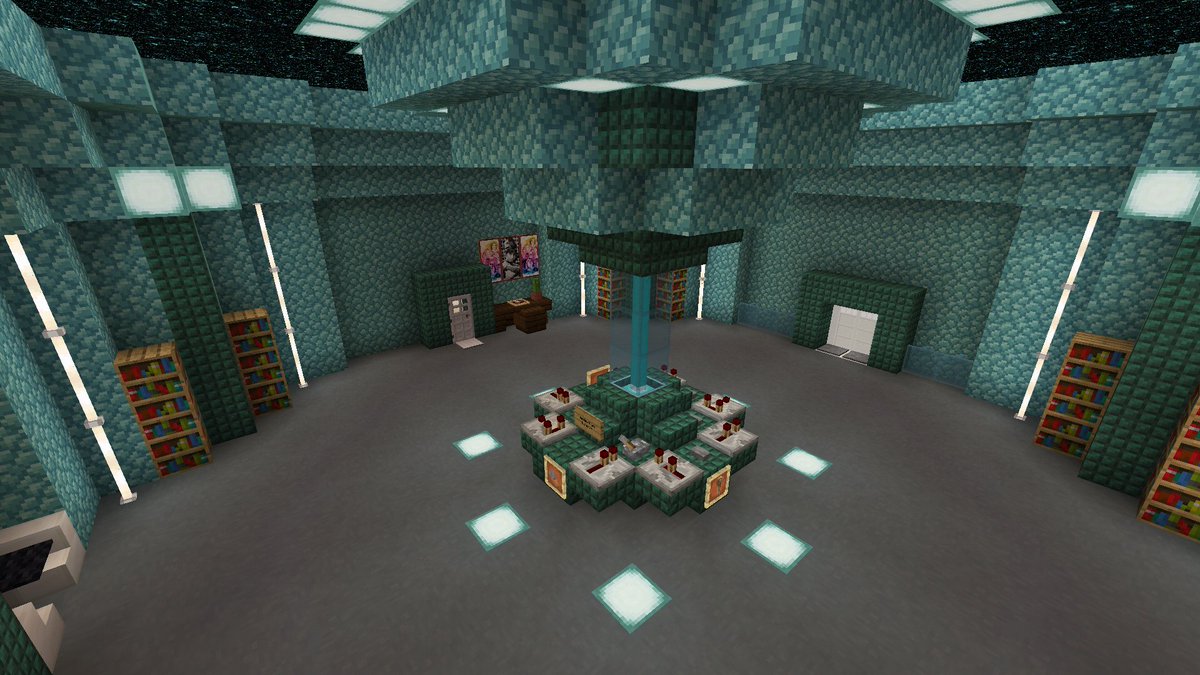 Biellwho's tweet photo. #myTimeLordLife  e essa é o interior da  #MyTardis , séria bem parecido com isso, escolhi o bloco de prismarinho pq ele fica mudando a tonalidade, e usei aquele bloco do The End no teto pra simular o espaço, decoração simples pq não sei fazer kkkkk https://t.co/b9TMoZsAgk