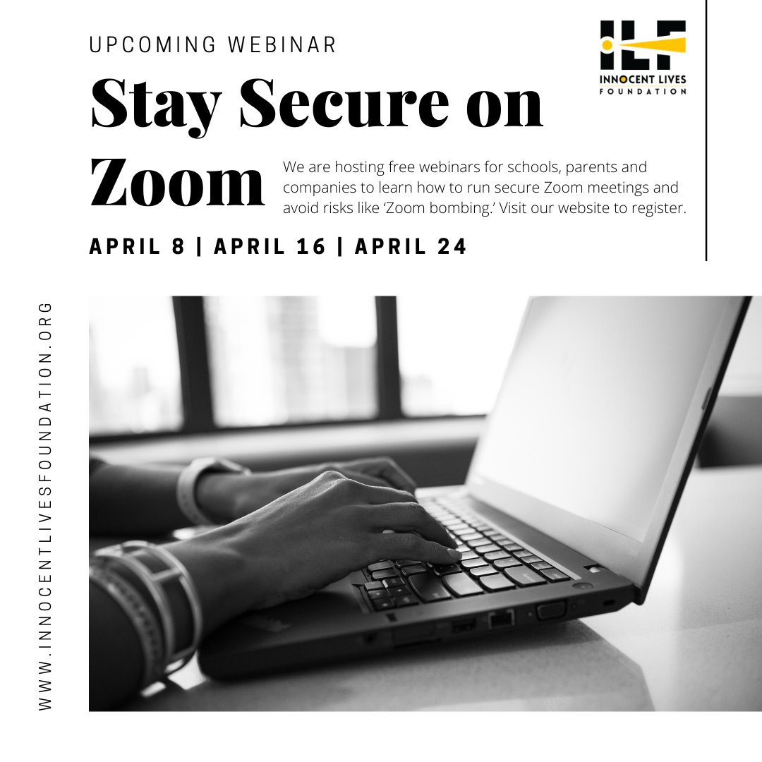 InnocentOrg's tweet photo. Very exciting news! Join us on April 8th, 16th, &amp; the 24th for a free webinar on how to navigate, and stay safe on Zoom! Lead by cyber-security expert, &amp; ILF Founder, @humanhacker this will be an event you don't want to miss! #Iam4ILF #ptchat #ptachat #zoom #onlinesafety https://t.co/iq4zPamF1z