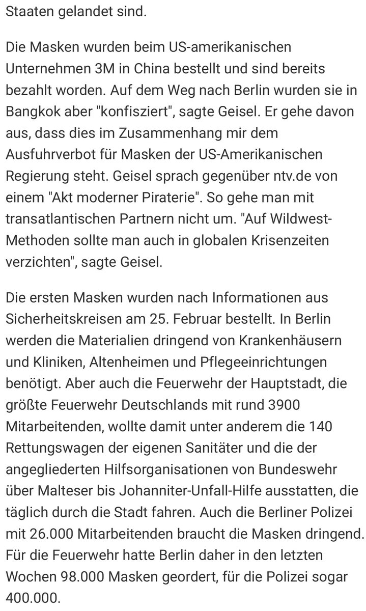 "USA intercepts masks ordered by Berlin and diverts them to the USA." This is the original article that I translated and added some of my thoughts in tweets No 6 to 10 in this thread. Yes, tweeps, allegations of secret missions, "modern piracy" to scramble, masks, not war planes.