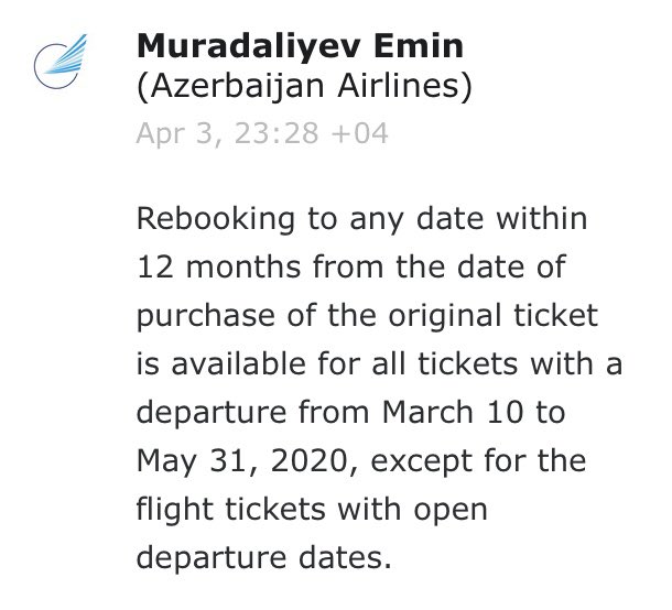 Azerbaijan Airlines are still refusing to do anything for flights in June 2020 but will expect us to pay again and use them in 2021.  @UEFA you need to intervene to support fans. If not I would urge fans to boycott  @azalofficial  #WalesAway