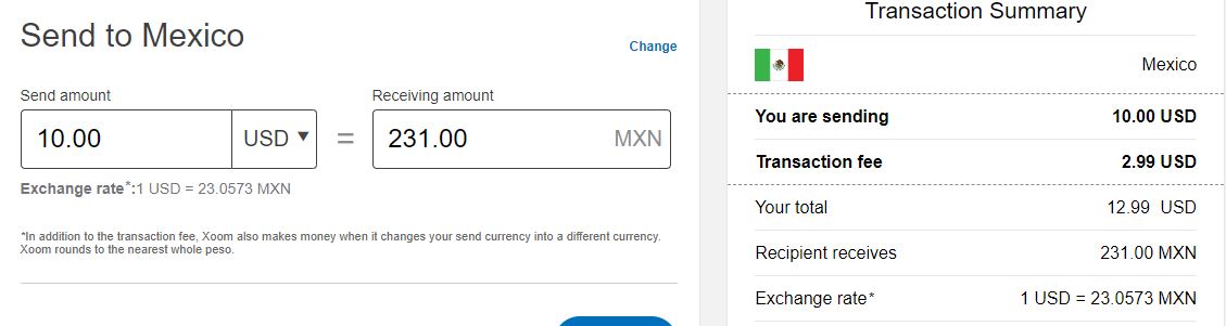 Xoom will ask you where you want to send the money, and how much money you want to send. (You can enter in either currency box and they'll convert the other one for you.)