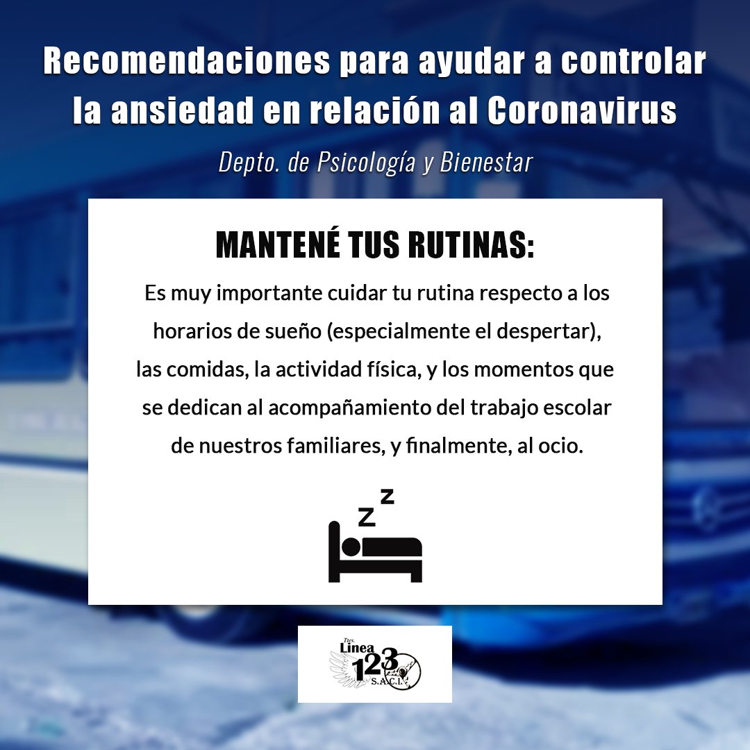Desde Línea 123 te compartimos consejos para transitar el período de cuarentena: En este caso, recomendaciones sobre tu rutina diaria 💡

#transportepublico #linea123 #colectivos #bondi #argentina #saludmental