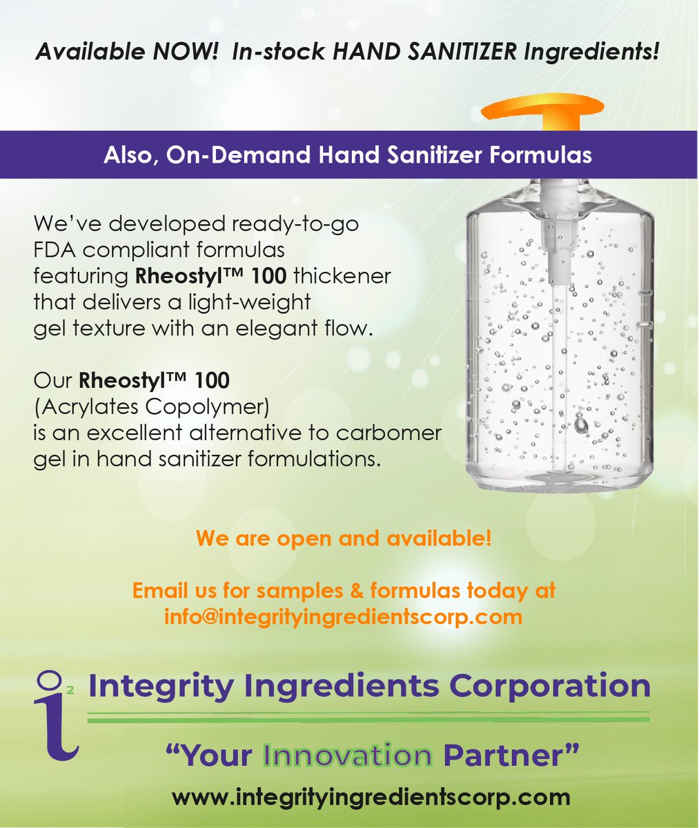 i2_corp's tweet photo. In-stock Hand Sanitizer Ingredients! Available to provide samples & formulas featuring Rheostyl™ 100 thickener as an excellent alternative to carbomer. info@integrityingredientscorp.com to learn more. #CosmeticIngredients #RheologyModifiers #HandSanitizer #Carbomer #COVID19 https://t.co/ugBLJXIrQf