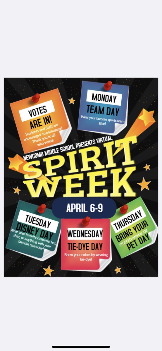 NEWCOMB MIDDLE SCHOOL PRESENTS VIRTUAL SPIRIT WEEK APRIL 6-9, 2020. All students, staff, and families are encouraged to participate.  #PembertonPride #NewcombHasVirtualSchoolSpirit <a href="/pembsuper/">Tony Trongone</a>