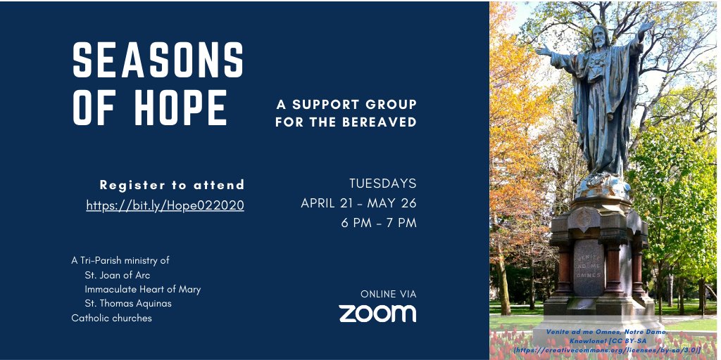 Indy-area friends. Are you or someone you know grieving the loss of a loved one? Perhaps the Tri-Parish Seasons of Hope group hosted by <a href="/SJOAIndy/">St. Joan of Arc</a> could help. The next six-week session will begin Tuesday, April 21. More info: jeffhutson.com/bereavement