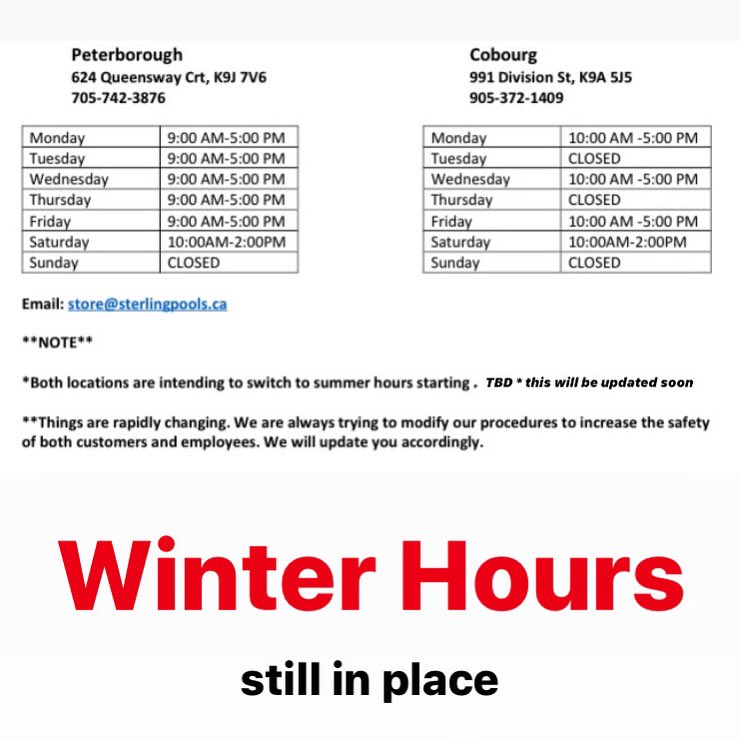 SterlingPools's tweet photo. Update: it was our original idea to change our store hours to “ summer hours “ as of Monday April 6. Under the current circumstances we have decided not to operate on summer hours as of yet. At this moment we’ll remain operating on our Winter Hours 😃 #staysafe https://t.co/3g8MSwpQKk
