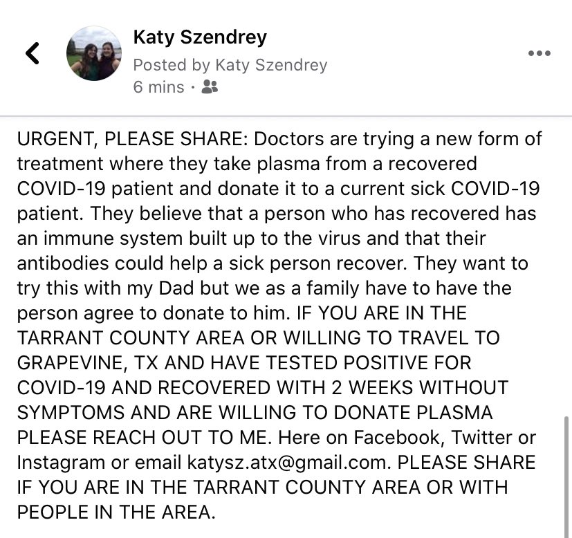 drtymartinifan's tweet photo. IF YOU ARE IN THE TARRANT COUNTY AREA AND HAVE TESTED POSITIVE &amp; RECOVERED FROM COVID-19 AND HAVENT HAD SYMPTOMS IN 2 WEEKS AND WILL DONATE PLASMA PLEASE CONTACT ME. THIS COULD SAVE MY DAD’S LIFE. IF YOU NEED TO TRAVEL I WILL COVER THE COST OF TRAVEL TO GRAPEVINE, TX. https://t.co/AqADSl7A05