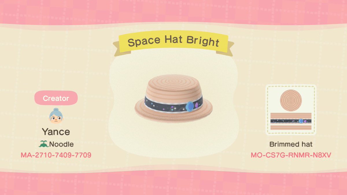 NoodleIsland's tweet photo. codes for my two space hats 🌙 #acnh #acnhdesigns #animalcrossing #acnhpattern #acnhfashion https://t.co/VGud5lraWA