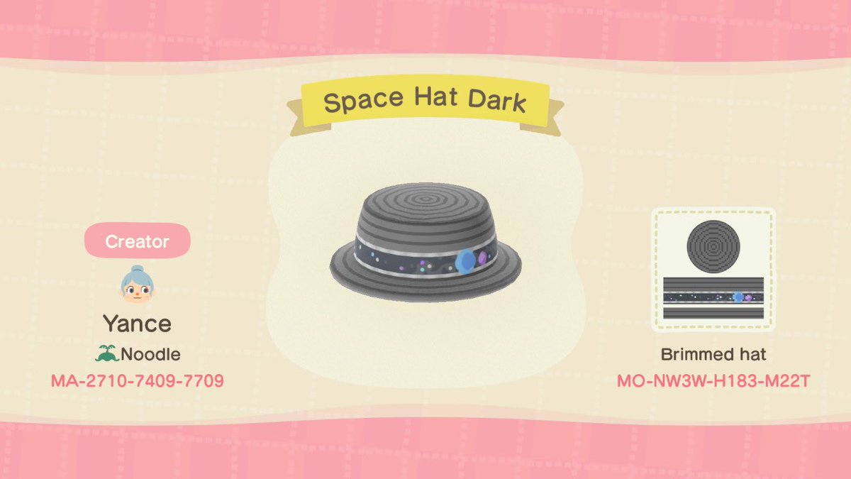 NoodleIsland's tweet photo. codes for my two space hats 🌙 #acnh #acnhdesigns #animalcrossing #acnhpattern #acnhfashion https://t.co/VGud5lraWA