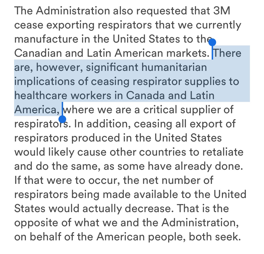 Wow: Trump administration asks 3M to stop exporting its respirators to Canada and Latin America. 3M says no in new press release, citing concerns over the humanitarian impacts of that decision and saying it could backfire for US  https://news.3m.com/press-release/company-english/3m-response-defense-production-act-order