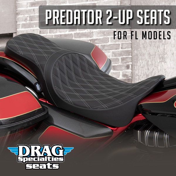 The new Predator 2-up seat features a wider seating area and is more narrow up front for better leg clearance. Available in 5 styles - check out our website for the options and contact your local dealer to order seats.dragspecialties.com/products/?prod…