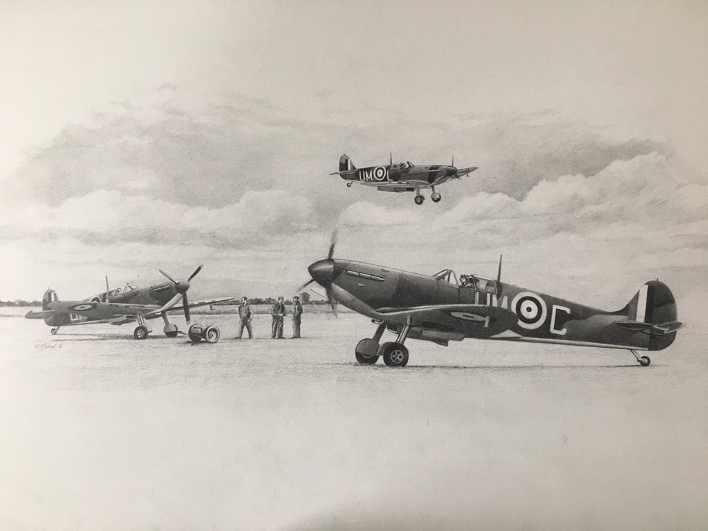 AlbrowAviation's tweet photo. @theaviationart busy day at Warmwell spitfires of 152 squadron August 1940 https://t.co/jg6U7mn0YL