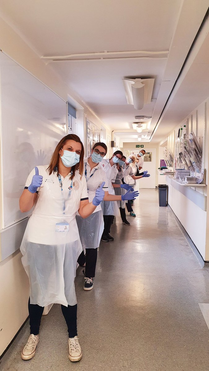 KirstieSimpso14's tweet photo. Another productive day @louconnolly21 @AlisonWilcox20
Today looking after some of the teams confidence with PPE an adhoc training session was in order (with surgical masks of course!) with a social distancing pic to capture everyones enthusiasm & reduced anxiety! @HCTNHS #DH2A https://t.co/MBSYMK9mIt