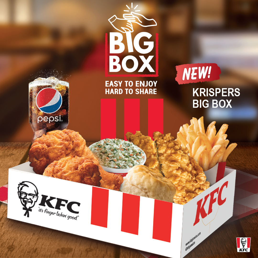 kfcjamaica's tweet photo. The truth is, you donβt need company to enjoy a #KrispersBIGBox. Itβs too #HARDTOSHARE. Link us in the drive-thru! https://t.co/9uWpOwKxX7