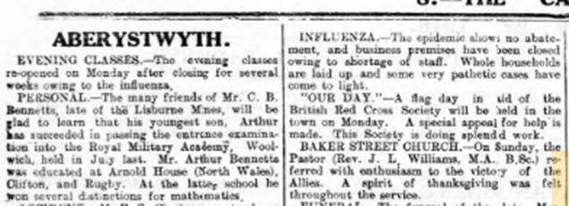 Up in Aberystwyth, the epidemic supposedly showed “no abatement” – with many families and businesses impacted. However, in a conflicting account, many of the religious services previously postponed resumed and evening classes re-opened.