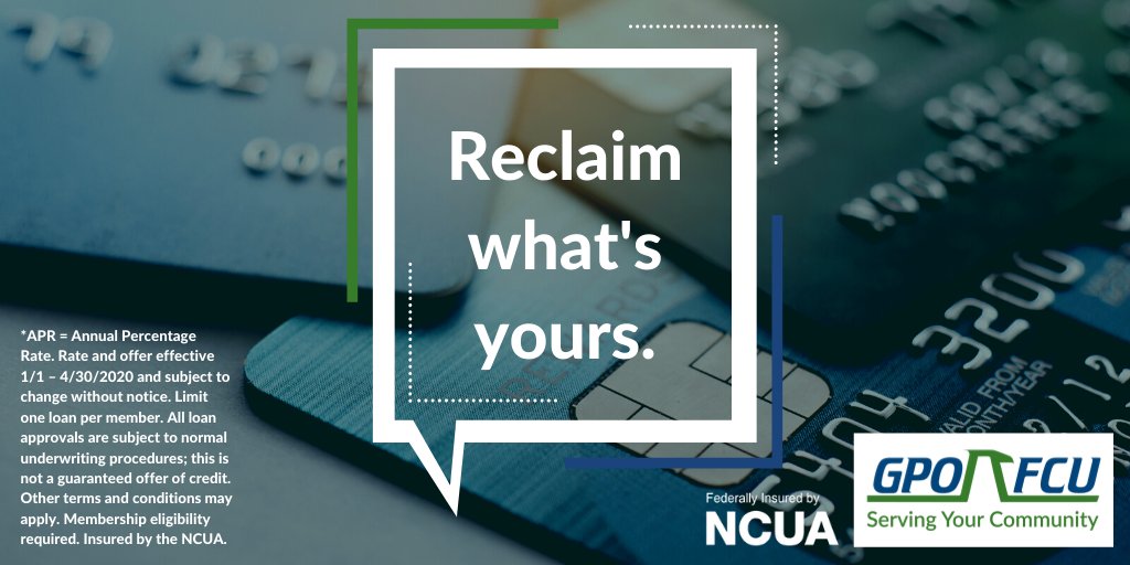 GPOFederalCU's tweet photo. #ReclaimWhatsYours with a #DebtConsolidation Loan & enjoy rates as low as 6.00% APR*. Take an extra .50% off the loan rate when you sign up to make your payment via direct deposit or scheduled checking account withdrawal!
Learn more: https://t.co/nugnEUdAsJ
#DCLife #DMVArea #DC https://t.co/IeoRnr2FQb