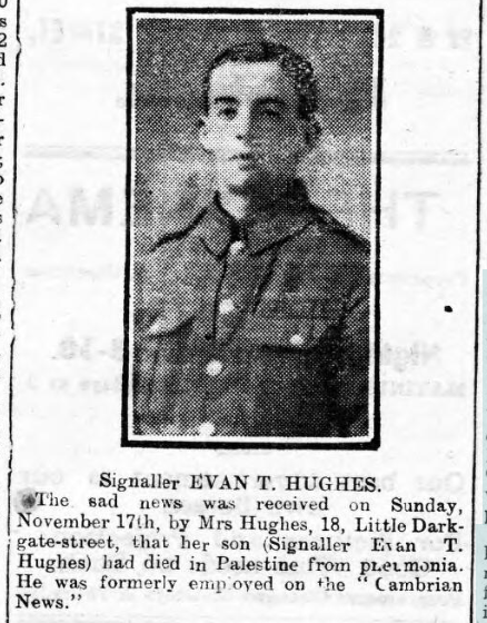 Whilst the influenza remained prevalent on the ‘home front’ in Ceredigion; accounts were also given of former soldiers passing away from influenza-caused complications; including that of former CN employee, Evan T Hughes in Palestine who died of pneumonia. (tbc...)
