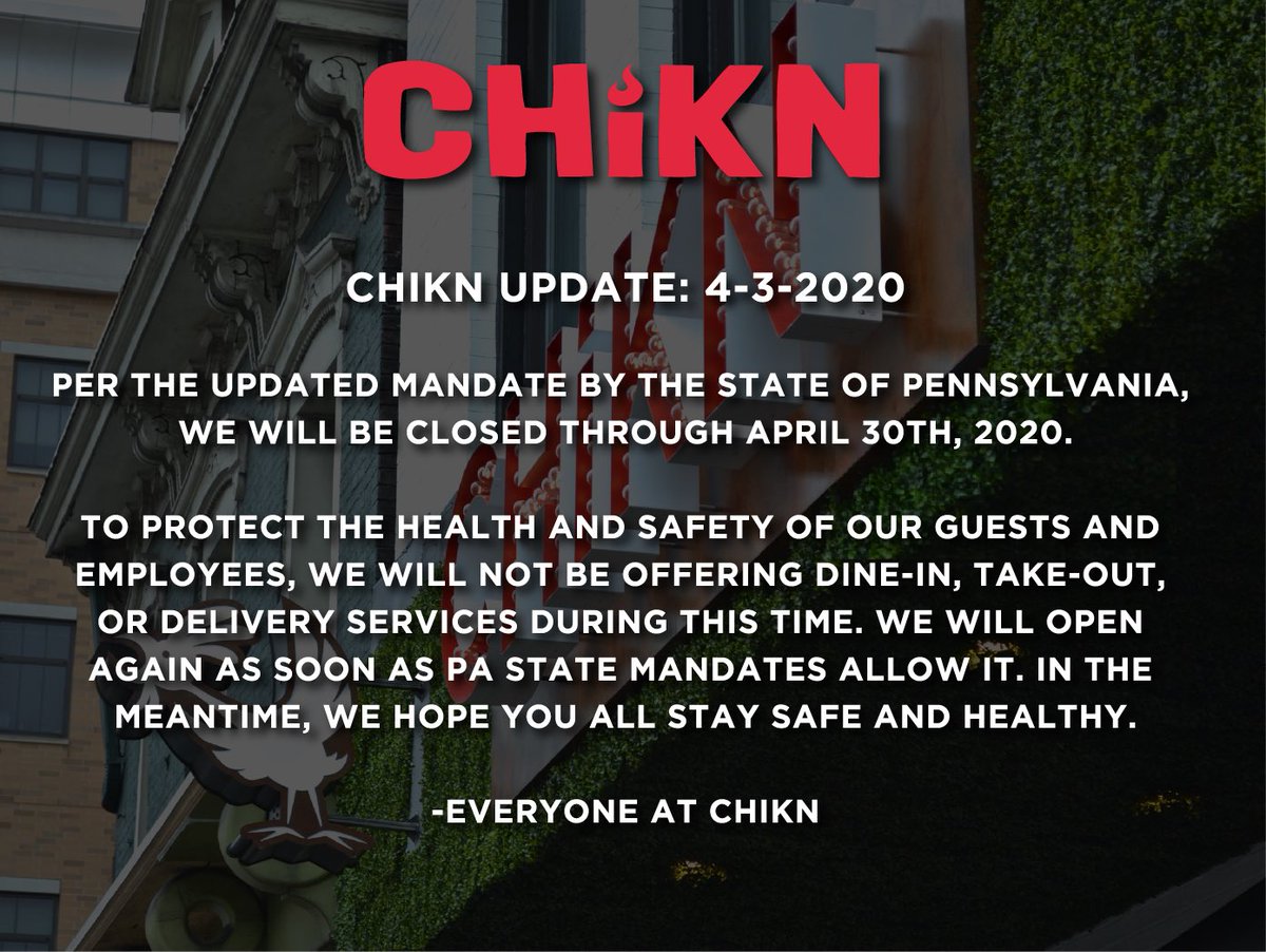 hot_chikn's tweet photo. CHiKN will be closed through April 30th. We look forward to serving you all again ASAP. Stay safe! 🔥❤️🔥 https://t.co/2rq2Oxc62x