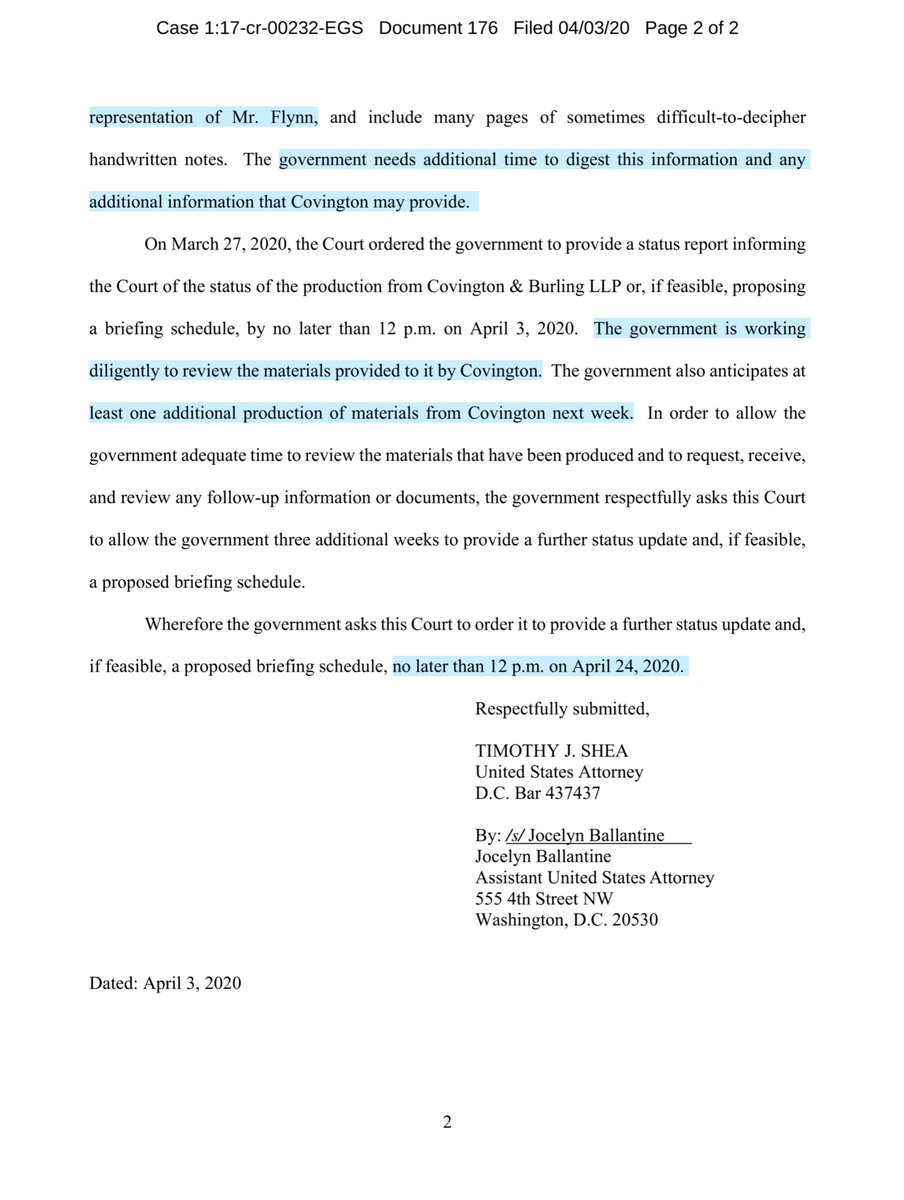 JSR - remember Covington represented Flynn & FIG for 30 months “...government needs additional time to digest this information and any additional information that Covington may provide... one additional production of materials from Covington next week” https://ecf.dcd.uscourts.gov/doc1/04507752987?caseid=191592