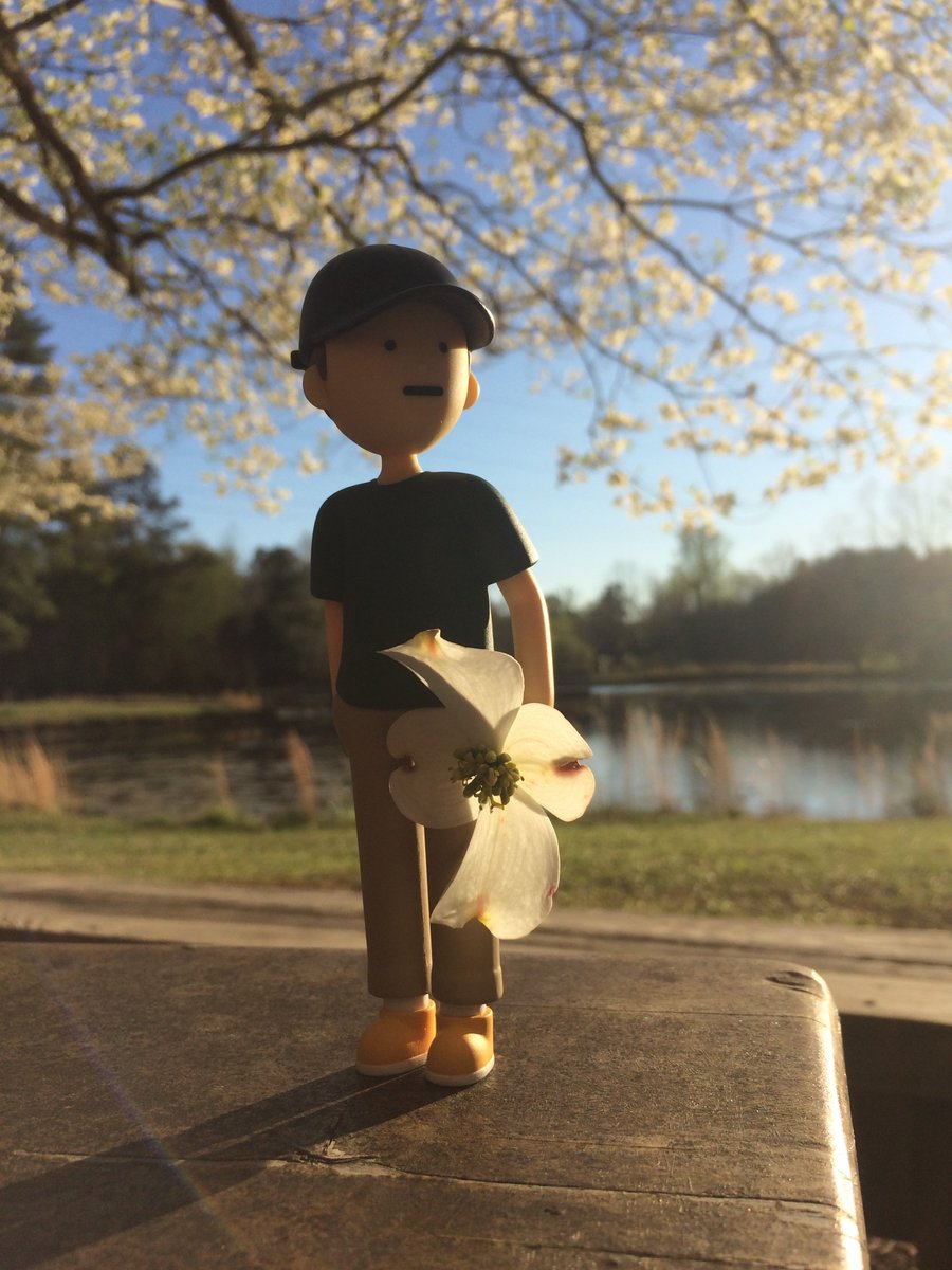 This one's much too big, but here's TinyJoon with a flower from one of my favorite spring trees blooming behind him, the dogwood.