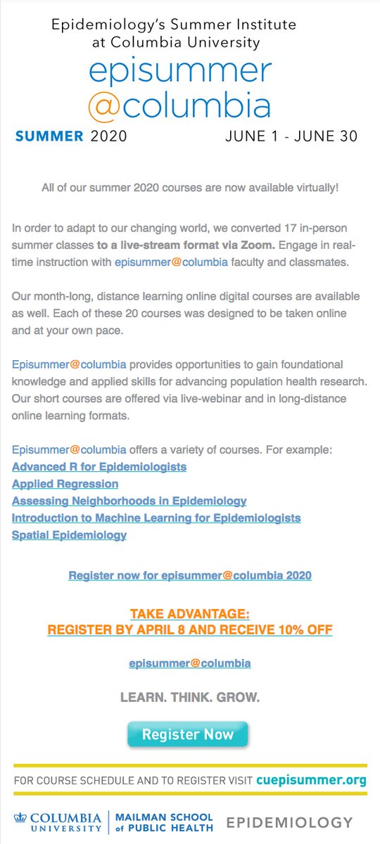 CUEpidemiology's tweet photo. Episummer@columbia provides opportunities to gain foundational knowledge and applied skills for advancing population health research. #episummer short courses are offered via live-webinar and in long-distance online learning formats. Visit https://t.co/rrWn4MjjW8 https://t.co/qXCz2iXPiH