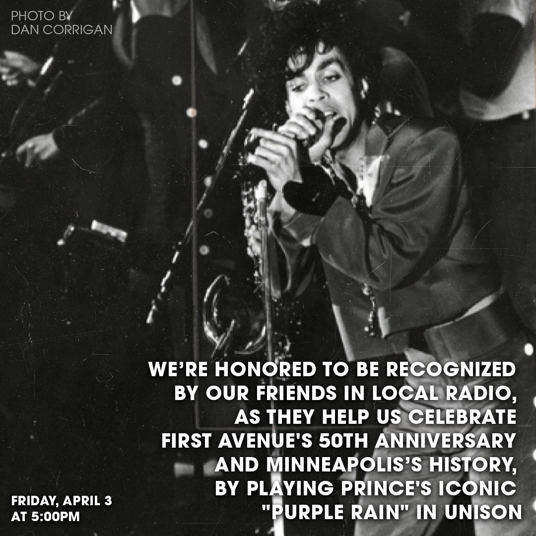 FirstAvenue's tweet photo. We’re honored to be recognized by our friends in local radio throughout the area, as they help us in celebrating First Avenue’s 50th Anniversary…by playing Prince’s “Purple Rain” in unison ☔️ 

Tune in to nearly any station this evening at 5PM to join in. https://t.co/2yQ97wCJQd