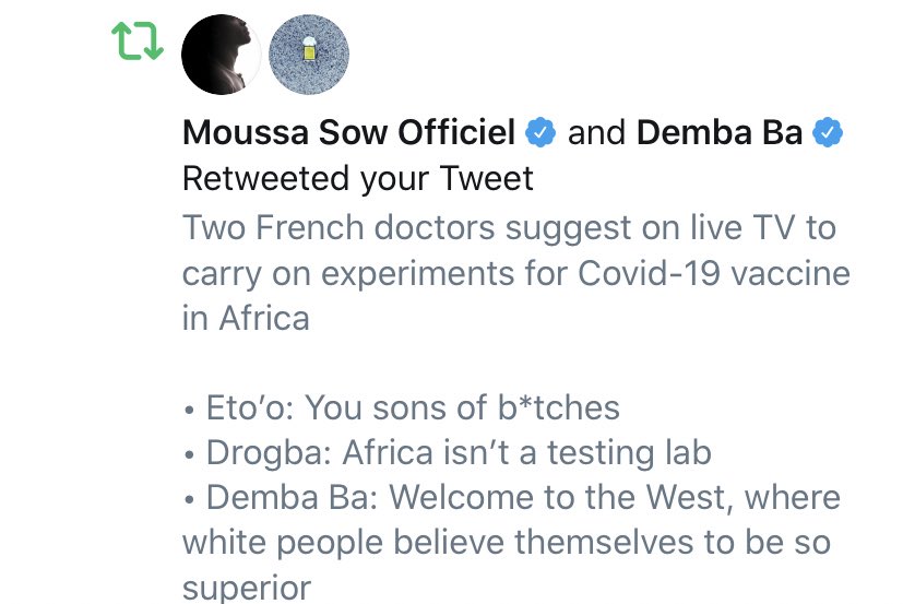 Mehmet Solmaz On Twitter Two French Doctors Suggest On Live Tv To Carry On Experiments For Covid 19 Vaccine In Africa Eto O You Sons Of B Tches Drogba Africa Isn T A Testing