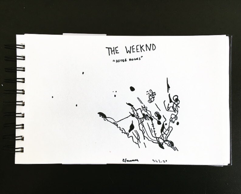 emeliajackart's tweet photo. Am used to limiting my drawings to 1/3 of the page in this sketchbook, but there’s so much atmosphere in this song had to bring down the boundaries with these dots @theweeknd - “AFTER HOURS” https://t.co/xP6vxjD9oS