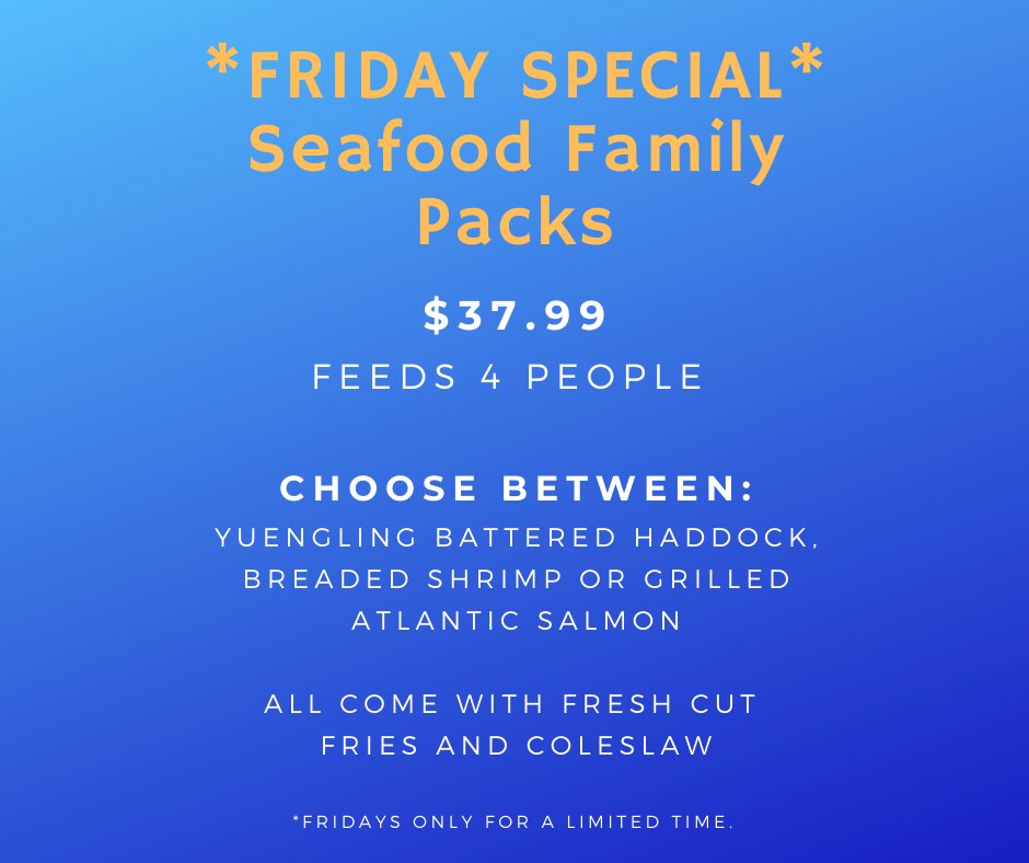 Damons_Hazleton's tweet photo. It's Friday so that means Seafood Family Packs are available! Don't miss out. Call us for takeout or curbside (570) 453-0400 🍤🍟😁 https://t.co/Gk0meI6Lce