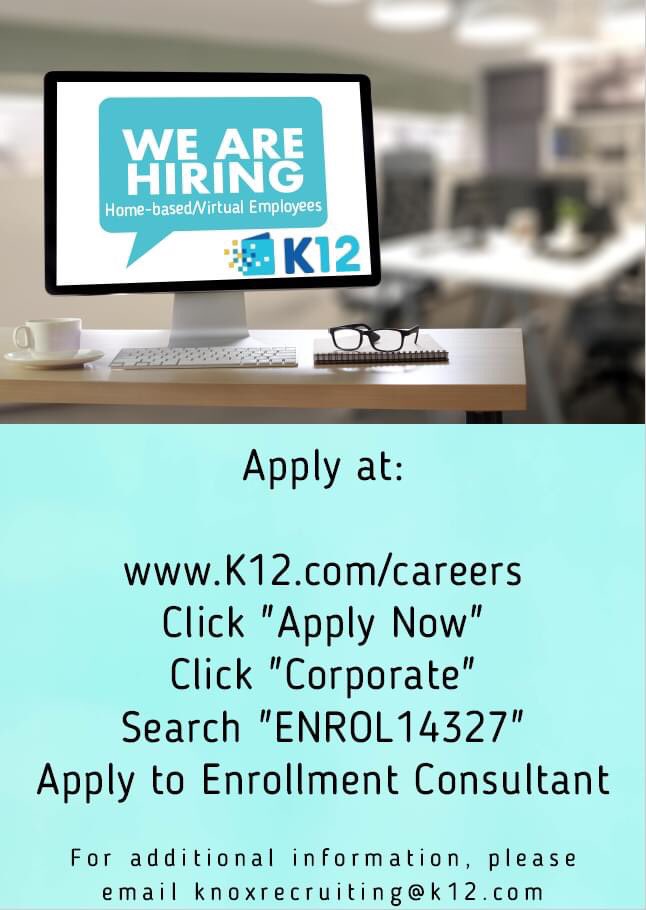 K12Knox's tweet photo. We are hiring nationally! Share with your friends who have been laid off or are looking for a flexible job location wise. @K12Learn @K12Careers #k12 #HIRINGNOW https://t.co/MtAjdnimcO