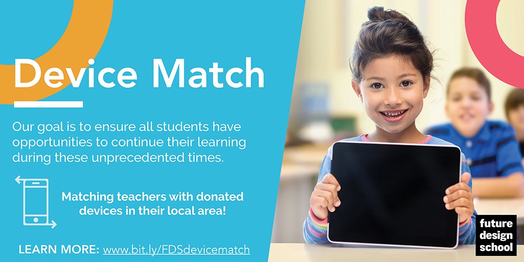 Every student deserves equal access to online education. Future Design School's Device Match program connects teachers with community members interested in providing a spare device to students in need. Help us spread the word! bit.ly/FDSdevicematch