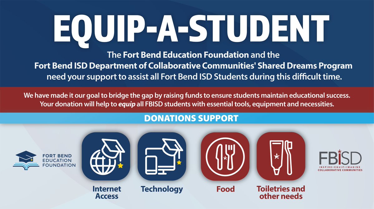 Fort Bend Education Foundation (@fbef_fbisd) on Twitter photo Help us equip all <a href="/FortBendISD/">Fort Bend ISD</a> students with essential tools, equipment and necessities they need to maintain educational success during this difficult time. Donate today! bit.ly/2wQZAXp Help us equip all <a href="/FortBendISD/">Fort Bend ISD</a> students with essential tools, equipment and necessities they need to maintain educational success during this difficult time. Donate today! bit.ly/2wQZAXp