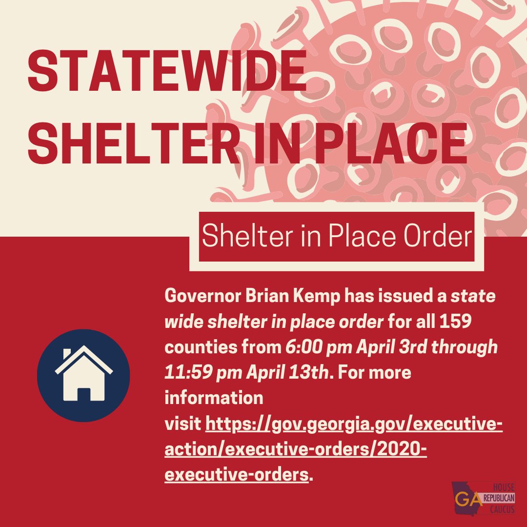 dalerutledge's tweet image. Governor Kemp issued a shelter in place order for the state of Georgia beginning today, April 3rd, at 6:00 pm until Monday, April 13th, at 11:59 pm. For more information visit gov.georgia.gov/executive-acti…. #gapol #COVID19