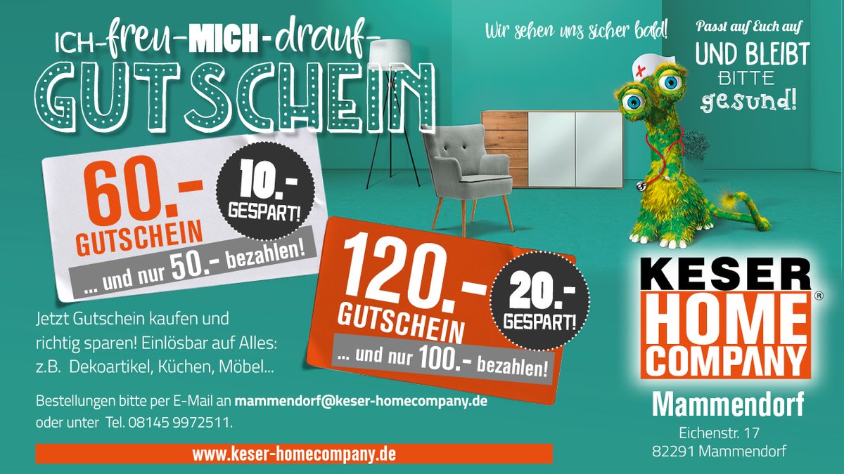 KeserCompany's tweet photo. Jetzt stationären Einzelhandel stärken !
Sichern Sie sich Gutscheine und sparen ....
z.b. Einkaufsgutschein unbegrenzt gültig !
im Wert von 120,--Eur für 100,--Eur .....
Rufen Sie uns an: 08145/94530
oder senden Sie uns eine email : 
mammendorf@keser-homecompany.de
Vielen dank ! https://t.co/4dO3A5Dx8n