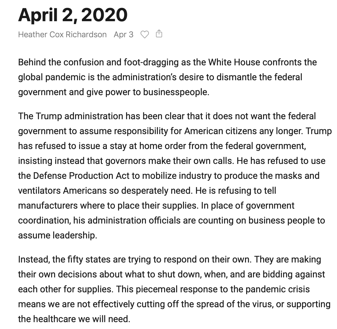 4/ In her excellent newsletter yesterday,  @HC_Richardson talked about how the GOP’s desire to dismantle the federal government has contributed to the fiasco.The result is that the federal government is not equipped to handle a pandemic and has thus made a series of epic errors.