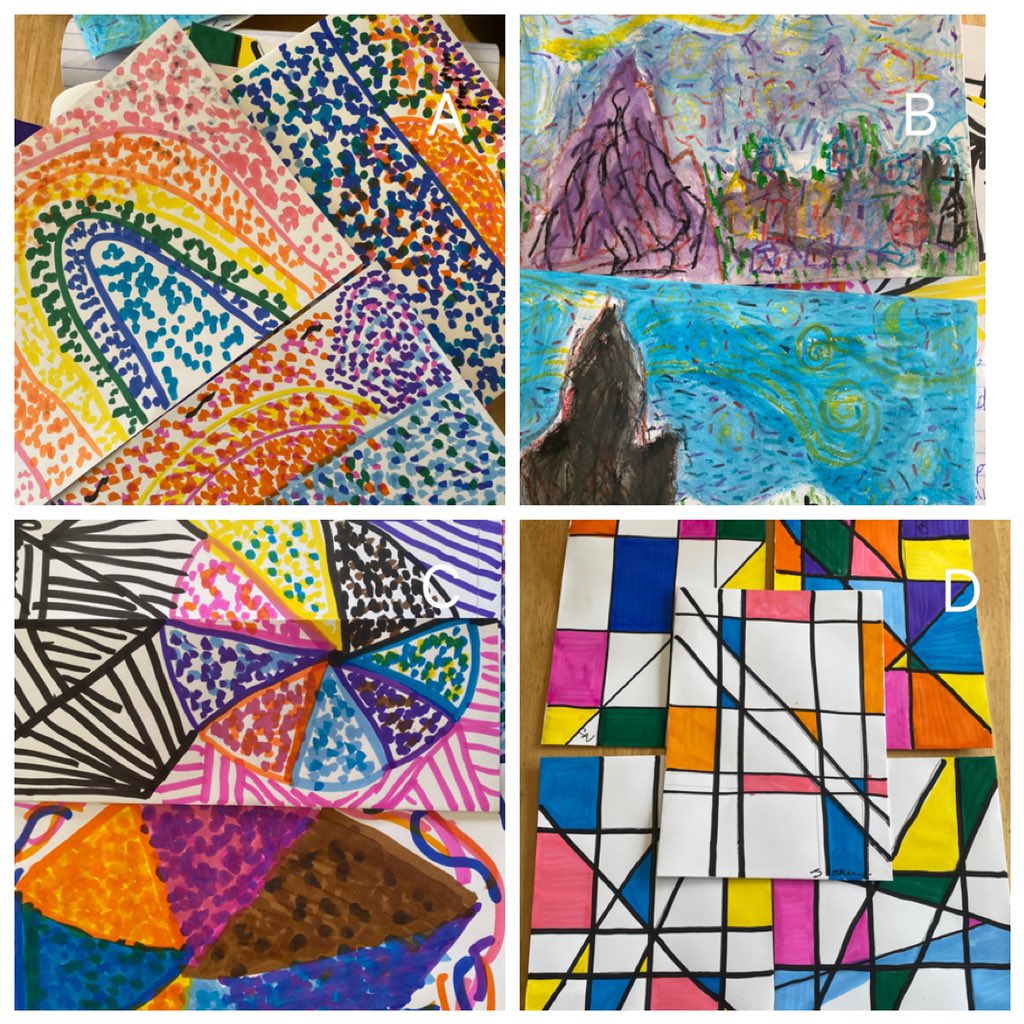 SloanNeuburger's tweet photo. This week we studied a new male artist each day at lunchtime. These are the pics of what A and O drew. One artist is missing, because... Next week we bring on the women! #stayinyour⭕️ #sharpeningoursaw https://t.co/quyh6y7WRj