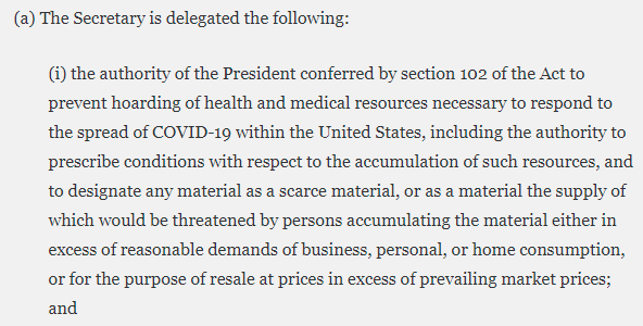 A week later (and after 675 deaths) on March 25 (after 675 deaths), Trump issued Executive Order 13910, which allowed Azar to designate materials as "scarce. https://www.federalregister.gov/documents/2020/03/26/2020-06478/preventing-hoarding-of-health-and-medical-resources-to-respond-to-the-spread-of-covid-19