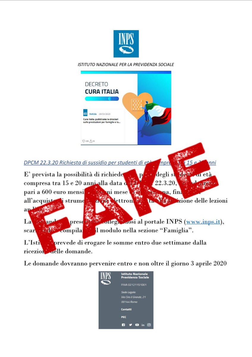 INPS_it's tweet photo. #Attenzione Nel decreto #curaItalia non è previsto alcun bonus studenti. Si tratta di un fake news che gira sui social utilizzando impropriamente il nostro logo. Ricordate sempre che le uniche info ufficiali le trovate sul nostro sito istituzionale https://t.co/LM2DRBbQo2