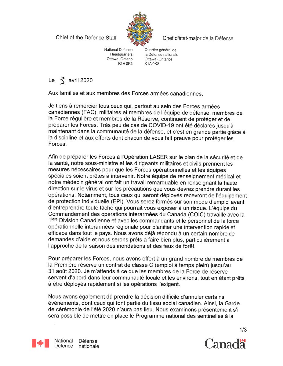 CDS_Canada_CEMD's tweet image. « Je tiens à remercier tous ceux qui, partout au sein des Forces armées canadiennes (FAC), militaires et membres de l’équipe de défense, membres de la Force régulière et membres de la Réserve, continuent de protéger et de préparer les Forces. » JV @OperationsCF #restezprét
