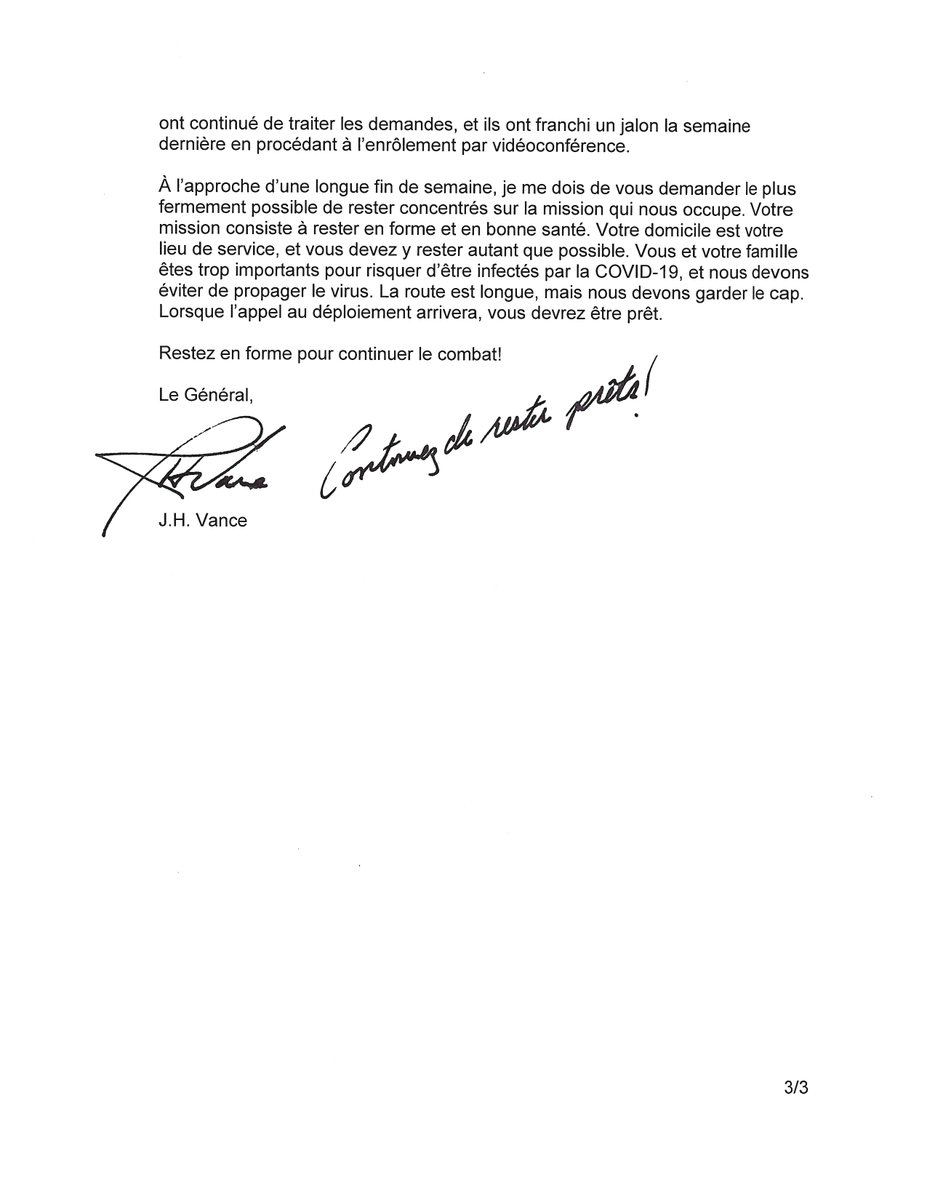 « Je tiens à remercier tous ceux qui, partout au sein des Forces armées canadiennes (FAC), militaires et membres de l’équipe de défense, membres de la Force régulière et membres de la Réserve, continuent de protéger et de préparer les Forces. » JV @OperationsCF #restezprét