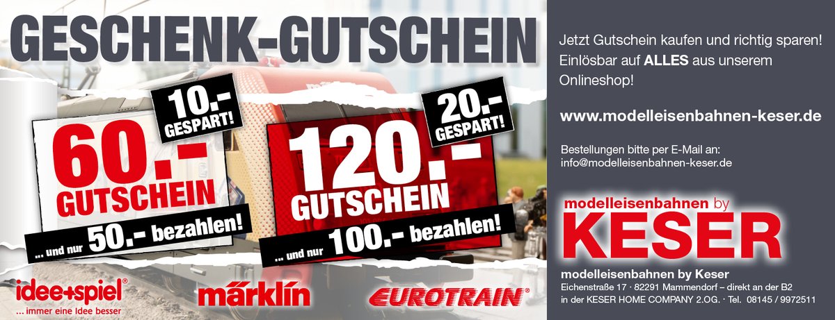 ModellbahnKeser's tweet image. Jetzt stationären Einzelhandel stärken !
Sichern Sie sich Gutscheine und sparen ....
z.b. Einkaufsgutschein unbegrenzt gültig !
im Wert von 120,--Eur für 100,--Eur .....
Rufen Sie uns an: 08145/9972511
oder senden Sie uns eine email : 
info@modelleisenbahnen-keser.de
Vielen dank